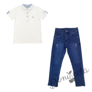 Детски комплект за момче от блуза в бяло и дълги дънки в синьо
