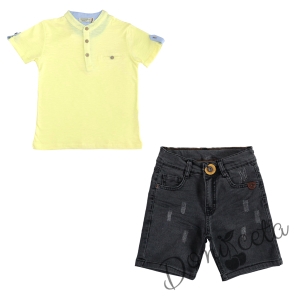 Детски комплект за момче от блуза в жълто и къси дънки в черно 1