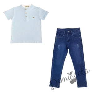 Детски комплект за момче от блуза и дълги дънки в синьо