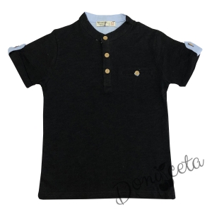 Детски комплект за момче от блуза в черно и къси дънки в синьо 2