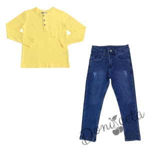 Детски комплект за момче от блуза в жълто с дълъг ръкав и дълги дънки в синьо 1