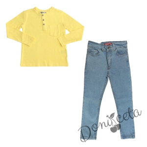Детски комплект за момче от блуза в жълто с дълъг ръкав и дълги дънки в светлосиньо