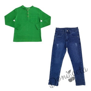 Детски комплект за момче от блуза в зелено с дълъг ръкав и дълги дънки в синьо