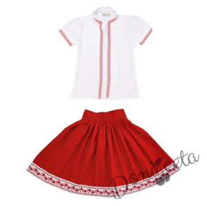Комплект за момиче от 2 части- пола и риза с къс ръкав и къдрици с фолклорни/етно мотиви  1