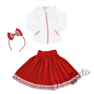 Комплект за момиче от 3 части- пола, риза с дълъг ръкав  и къдрици с фолклорни/етно мотиви и диадема 1