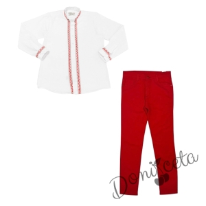 Комплект за момче от риза с дълъг ръкав и фолклорни/етно мотиви  и панталон в червено 1