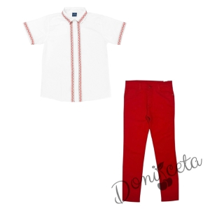Комплект за момче от риза с къс ръкав и фолклорни/етно мотиви  и панталон в червено 1