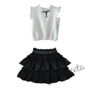 Комплект за момиче от детска пола в черно с къдрички и риза в бяло с панделка Contrast 1