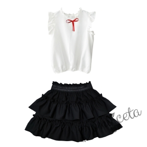 Комплект за момиче от детска пола в черно с къдрички и риза в бяло с червена панделка Contrast 1