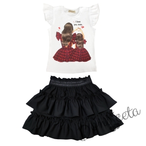 Комплект за момиче от детска пола в черно с и блуза в бяло с картинка на майка и дъщеря 1