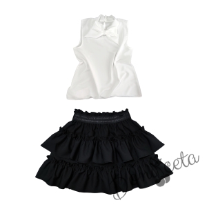 Комплект за момиче от детска пола в черно с къдрици и риза в бяло с панделка