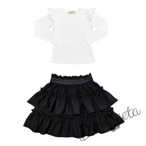 Комплект за момиче от детска пола в черно и блуза в бяло с дълъг ръкав с къдрици