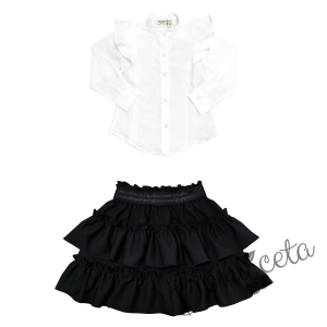 Комплект за момиче от детска пола в черно и риза в бяло с дълъг ръкав и къдрици 1