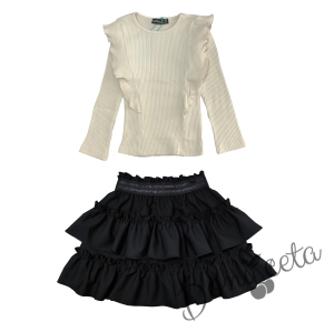 Комплект за момиче от детска пола в черно с къдрици и блуза в бежово 1