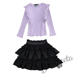 Комплект за момиче от детска пола в черно с къдрици и блуза в лилаво 1