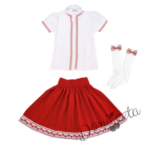 Комплект за момиче от 3 части- пола и риза с къс ръкав и къдрици с фолклорни/етно мотиви и чорапи