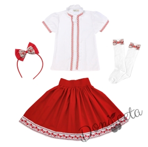 Комплект за момиче от 4 части- пола и риза с къс ръкав и къдрици с фолклорни/етно мотиви, чорапи и диадема