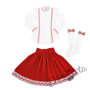Комплект за момиче от 3 части- пола, риза с дълъг ръкав с фолклорни/етно мотиви и чорапи
