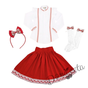 Комплект за момиче от 4 части- пола, риза с дълъг ръкав с фолклорни/етно мотиви, чорапи и диадема