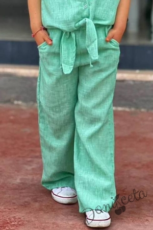 Комплект за момиче от 3 части - сако, панталони в зелено и потник в бяло с надпис 4