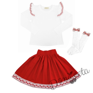 Комплект за момиче от 3 части- пола в червено, блуза в бяло с къдрици с фолклорни/етно мотиви и чорапи 1