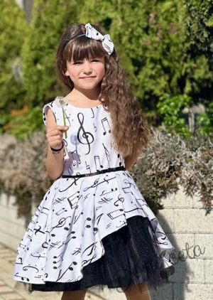 Празничен коплект от детска рокля в бяло с черни ноти и болеро в черно2