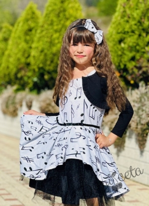 Празничен коплект от детска рокля в бяло с черни ноти и болеро в черно4