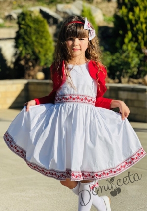 Комплект от детска народна носия-рокля без ръкав с фолклорни/етно мотиви и болеро в червено
