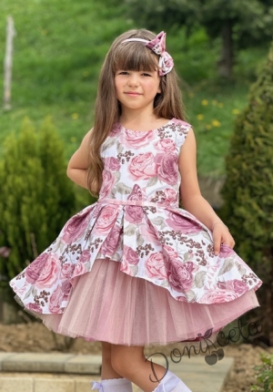 Детска официална рокля Надежда на цветя с тюл в пепел от рози2