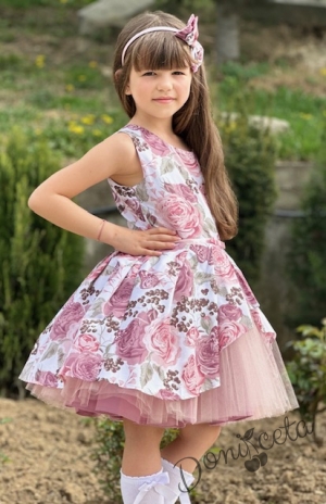 Детска официална рокля Надежда на цветя с тюл в пепел от рози4