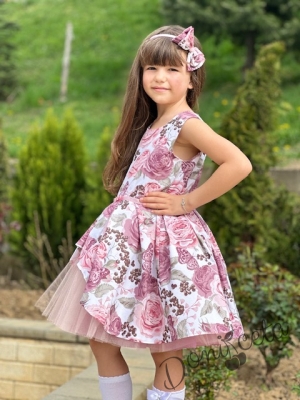 Детска официална рокля Надежда на цветя с тюл в пепел от рози5