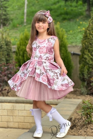 Детска официална рокля Надежда на цветя с тюл в пепел от рози7