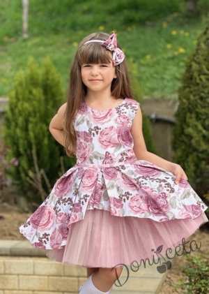 Детска официална рокля Надежда на цветя с тюл в пепел от рози8