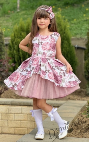 Детска официална рокля Надежда на цветя с тюл в пепел от рози10