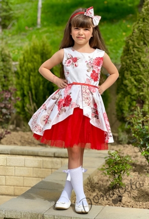 Детска официална рокля Надежда с червени цветя тип клош с тюл и колан в червен цвят