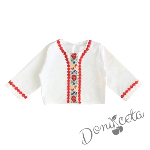 Етно детска риза с дълъгръкав за момиче в бяло с фолклорни мотиви