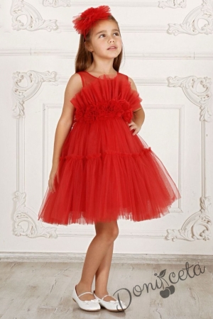 Официална детска дълга рокля в червено с тюл без ръкав Виталия 1