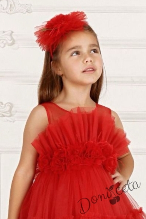 Официална детска дълга рокля в червено с тюл без ръкав Виталия 2