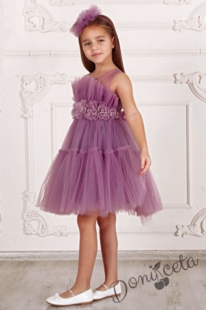 Официална детска дълга рокля в лилаво с тюл без ръкав Виталия 1