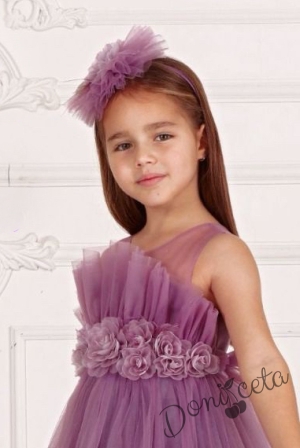 Официална детска дълга рокля в лилаво с тюл без ръкав Виталия 2
