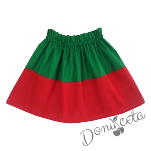Комплект за момиче от детска пола в зелено и червено и блуза в бяло  3