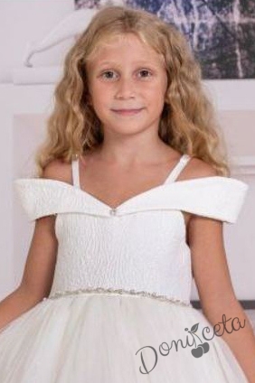 Официална детска дълга рокля в бяло с дантела и тюл Галатея 2