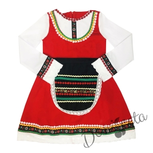Детска народна носия 67-сукман в червено и престилка в черно с фолклорни етно мотиви  1
