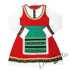 Детска народна носия 69-сукман в червено и престилка в зелено с фолклорни етно мотиви 