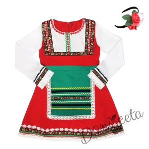 Детска народна носия 68-сукман в червено и престилка в черно с фолклорни етно мотиви и диадема