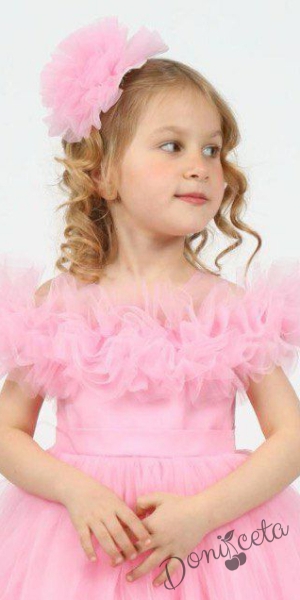 Официална детска къса рокля с тюл в розово Белисима 2