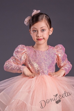 Официална детска къса рокля с дълъг ръкав в прасковено с пайети Людмила 2
