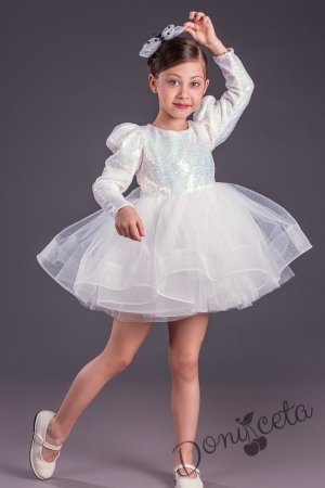 Официална детска къса рокля с дълъг ръкав в бяло с пайети Людмила 1