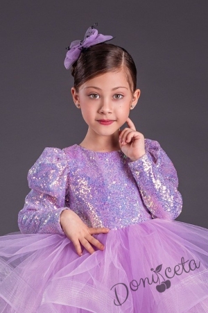 Официална детска къса рокля с дълъг ръкав в лилаво с пайети Людмила 2