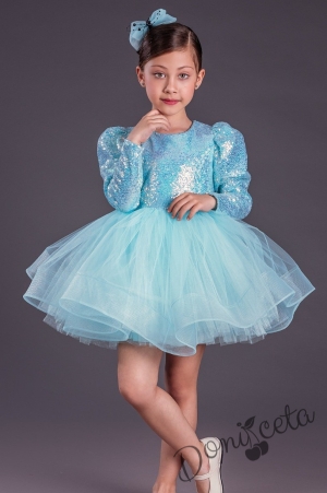 Официална детска къса рокля с дълъг ръкав в светлосиньо с пайети Людмила